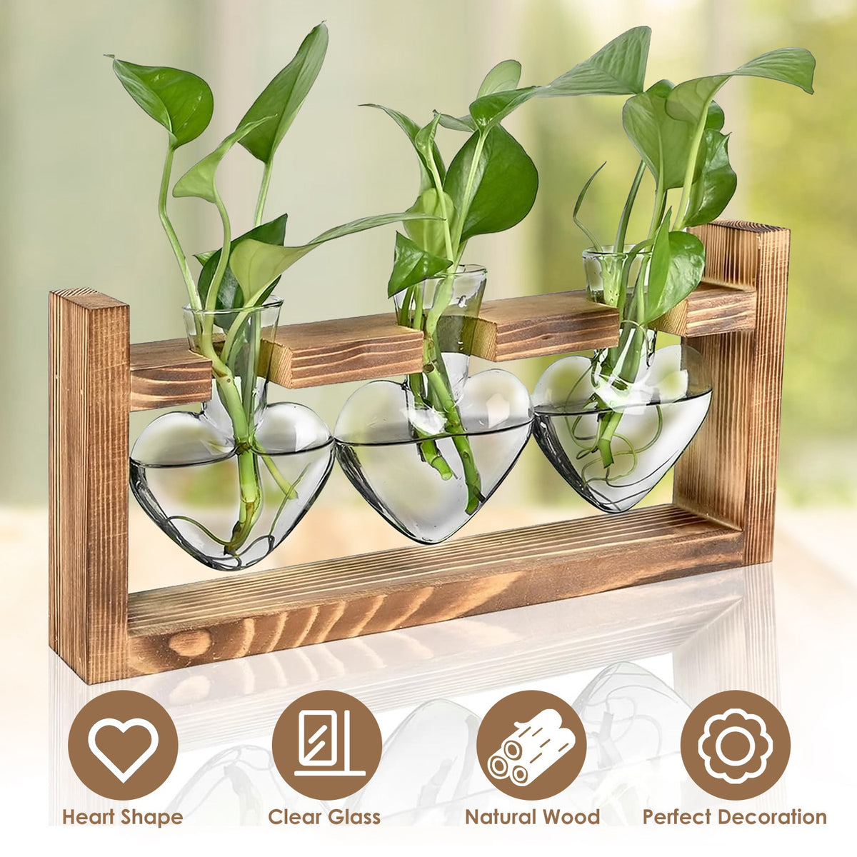 1Pc Station de propagation du terrarium avec 3 vases en forme de coeur Support en bois Bureau Air