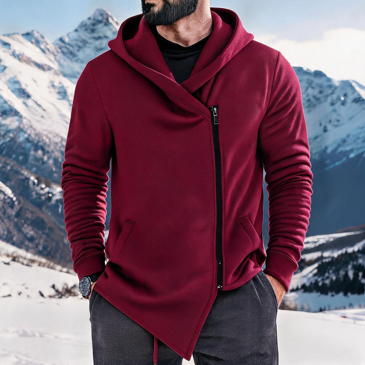 Hoodie hommes doublée de polaire avec une fermeture éclair inclinée