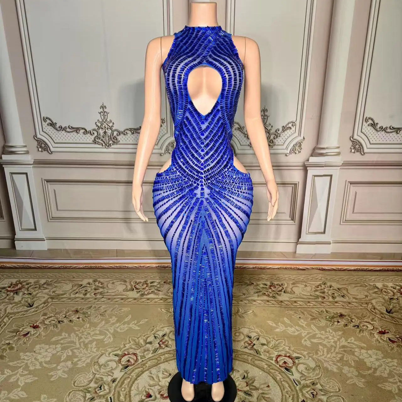 Femmes Sexy Mesh Hollow-Out Nightclub Robe de scène Performance Outfit Gown soirée