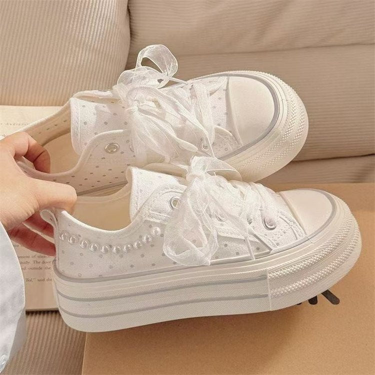 Femmes Plateforme sans arrière Mule Toile Sneakers Polka Dot Respirant Perle supérieure embellisée