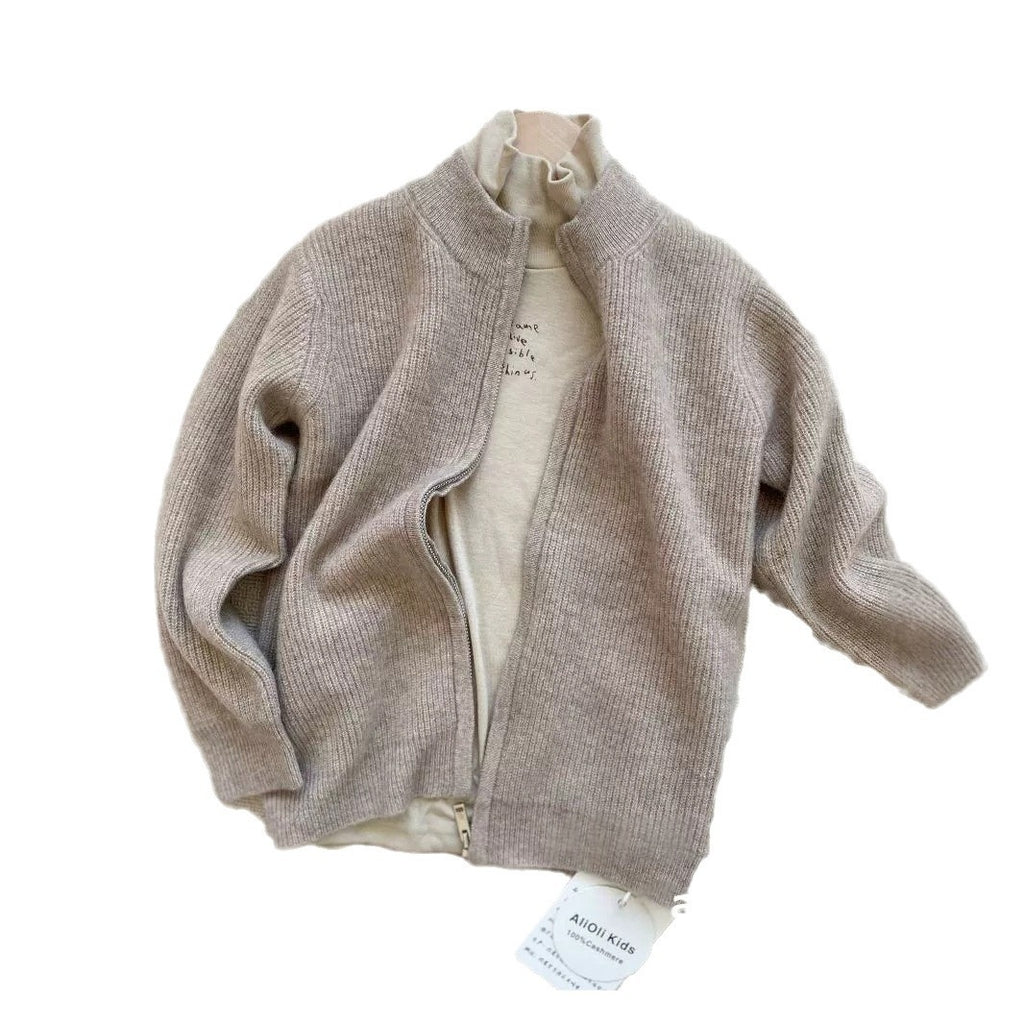 Kids' Cashmere Mock Neck Zip-Up Jacket Thick Knit Pullover