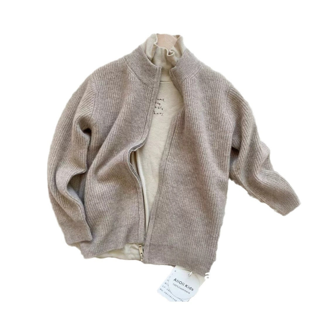 Kids' Cashmere Mock Neck Zip-Up Jacket Thick Knit Pullover