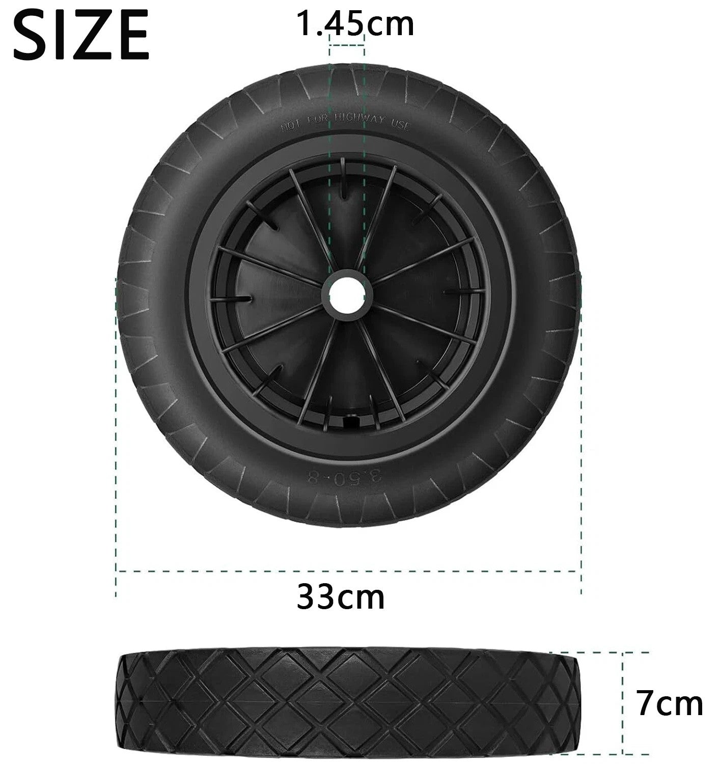 PU Roue de brouette 14 pouces 3.50-8 Puncture Proof Solide pneu lourd noir