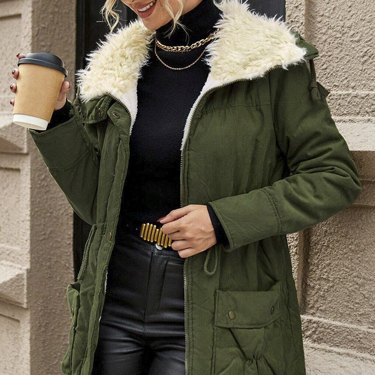 Manteau de coton mi-long à manches longues à capuche casual pour femmes