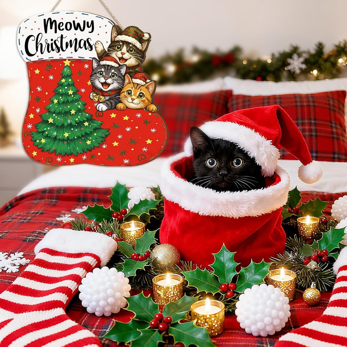 Panneau en bois de Noël Meowy