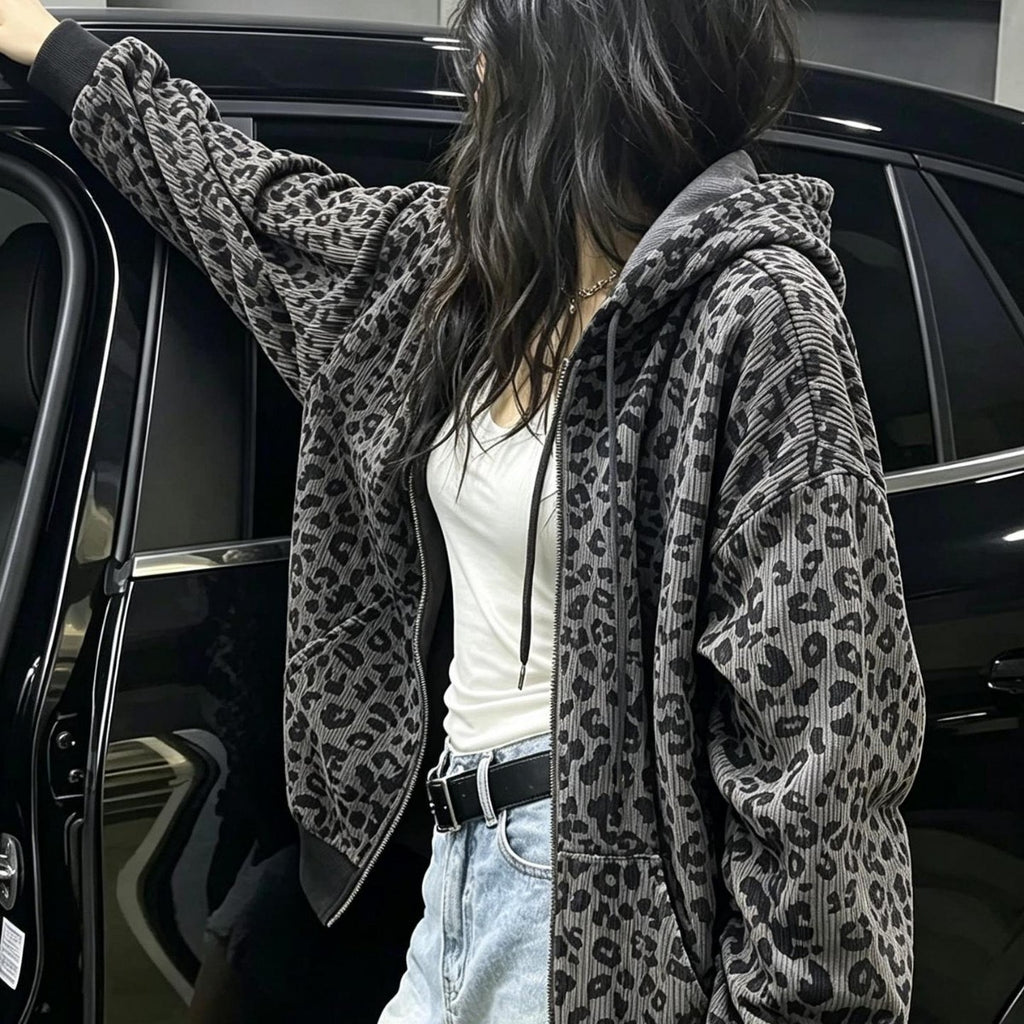 Cardigan à capuche imprimé léopard pour femmes