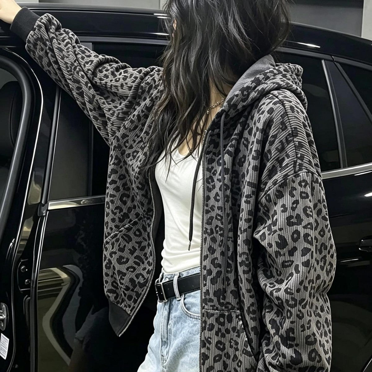 Cardigan à capuche imprimé léopard pour femmes