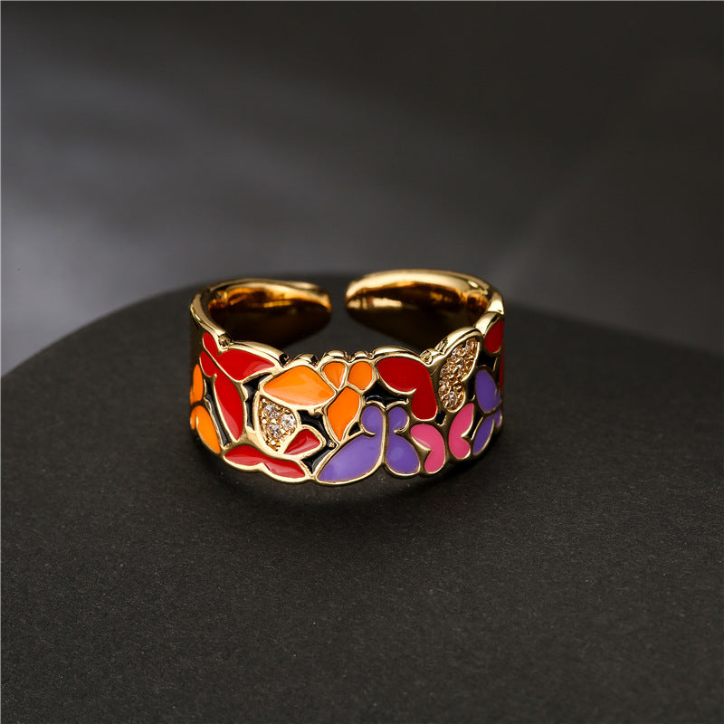 Personnalité mode Dripping Cuivre Micro-inlaid Zircon Butterfly Ring Femme