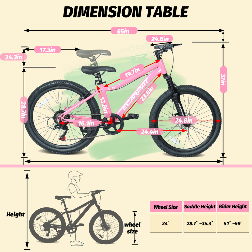 Vélo de montagne jeune 24 pouces avec 7 vitesses et suspension avant Cadre en acier durable