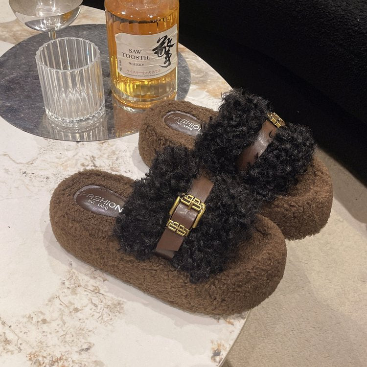 Pantoufles en fourrure Curly Platform pour femmes