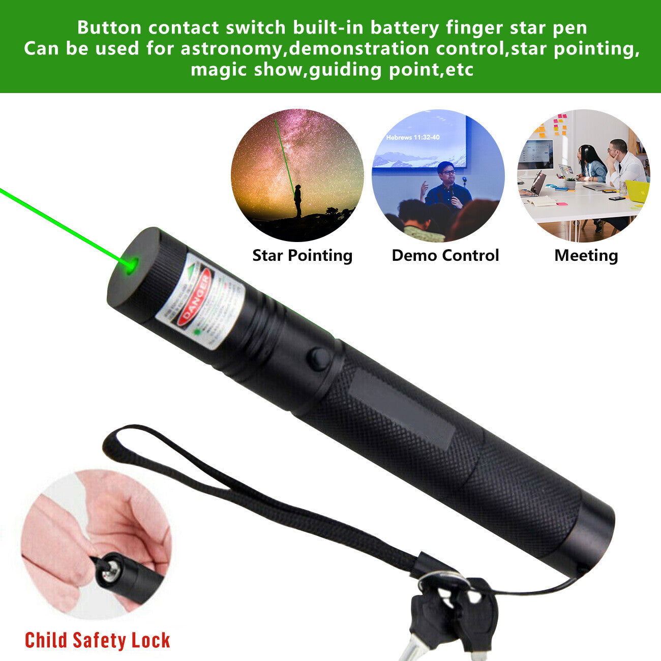 Stylo pointeur laser vert lumière visible faisceau Lazer Torche 532nm 1mw USB rechargeable Flashlig
