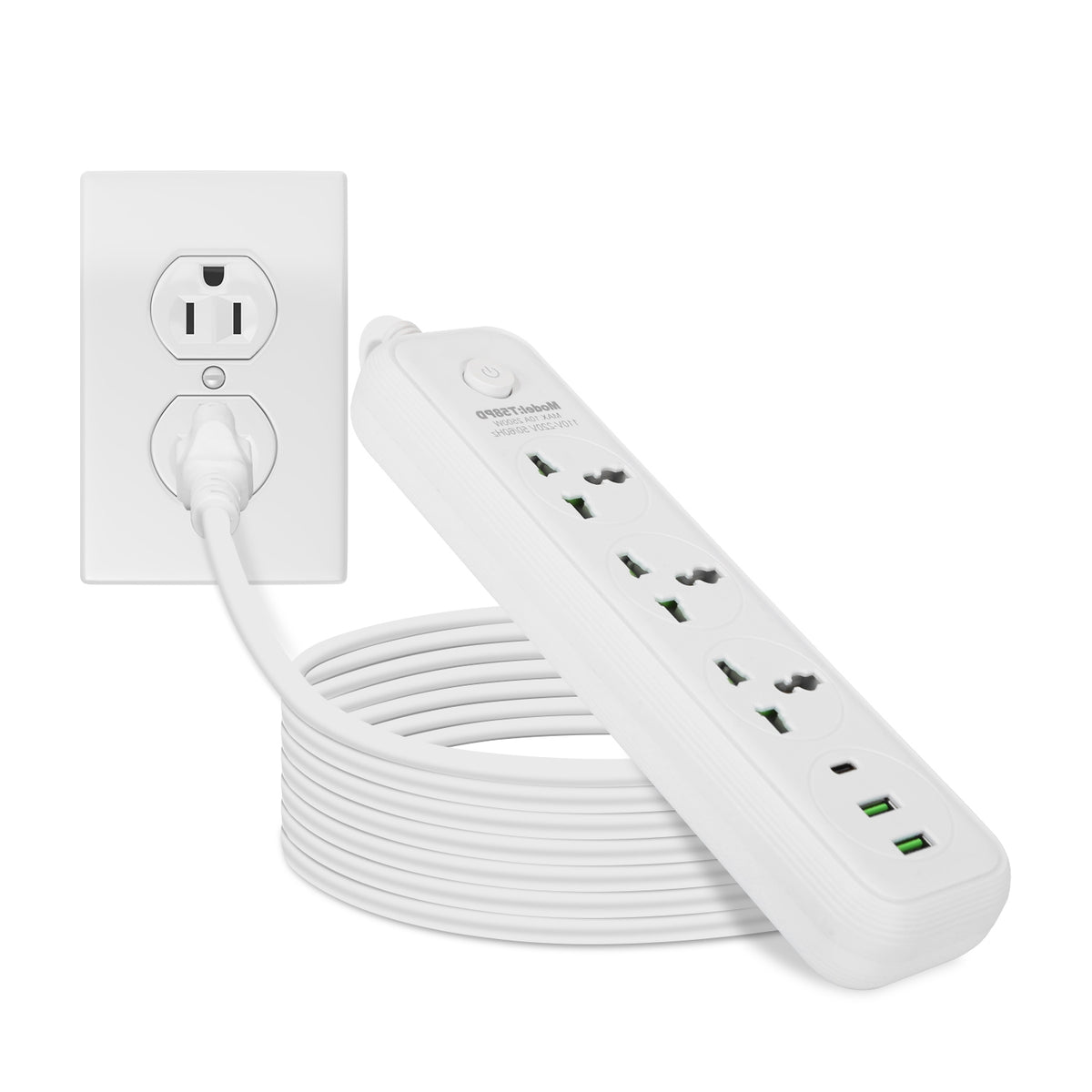 1Pc Power Strip with 6FT Extension Cord 3 AC Outlets and 2 USB A Ports 1 USB C Port 2500W