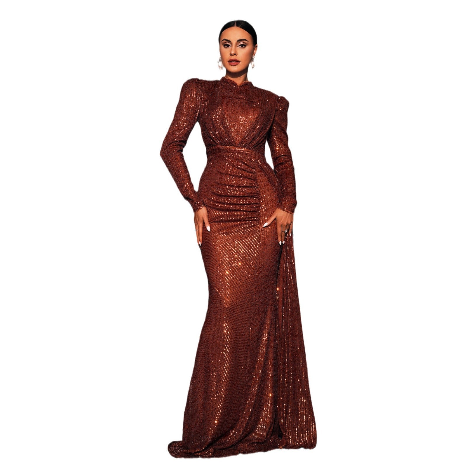 Manches longues Col rond Sexy Slim Robe de banquet longue pailletée