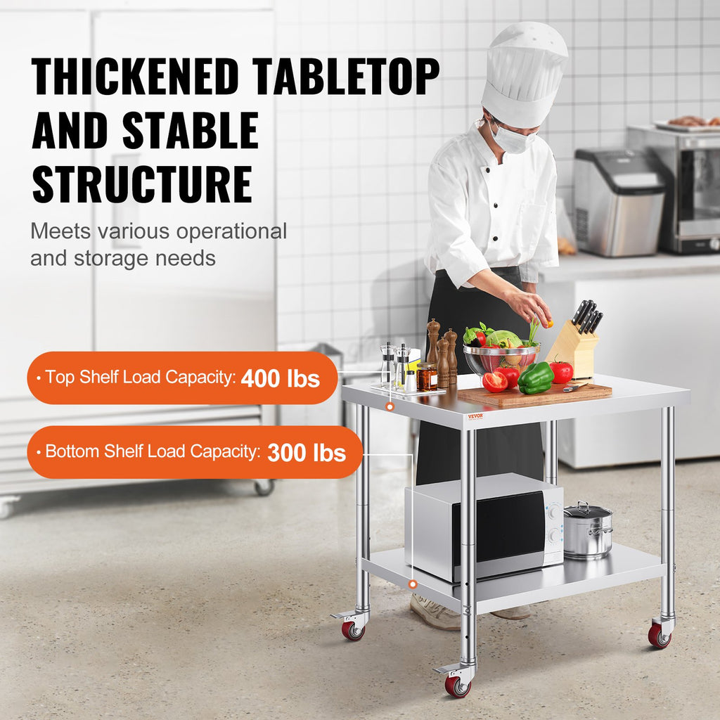 VEVOR 30x36x34 pouces acier inoxydable table de travail 3-Stage plateau réglable avec 4 roues Heav