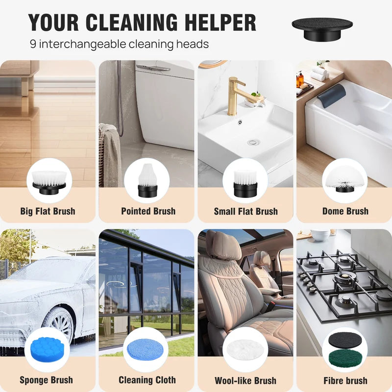 Brosse électrique rotative avec poignée réglable pour le nettoyage de puissance et 9 Brus interchangeables