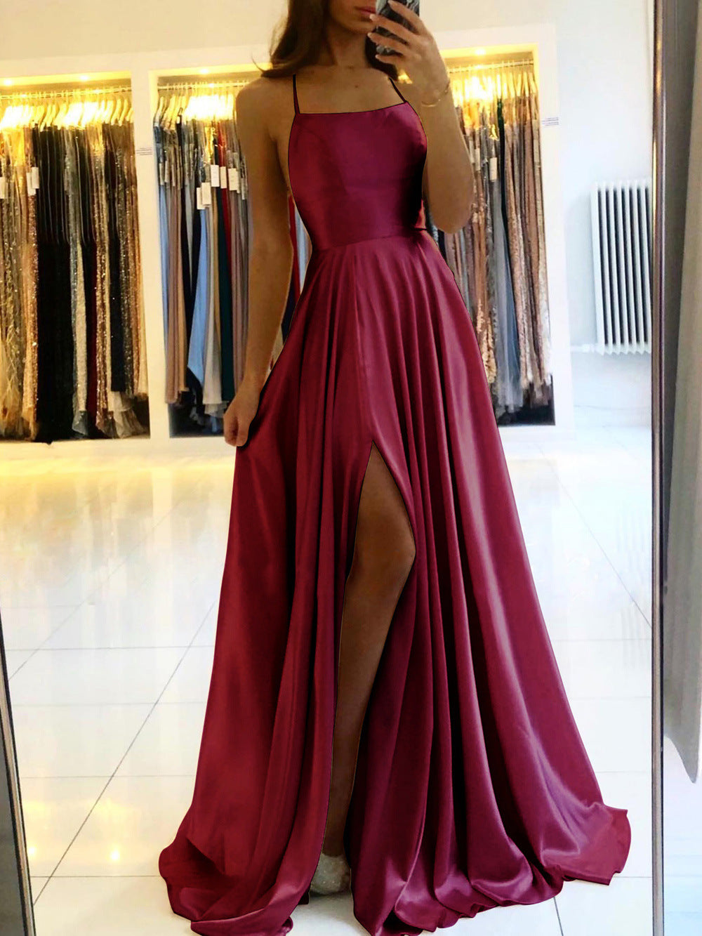 Robe de style européen et américain longue d'Amazon Slim Strap dos à dos Robe haute fente Danc