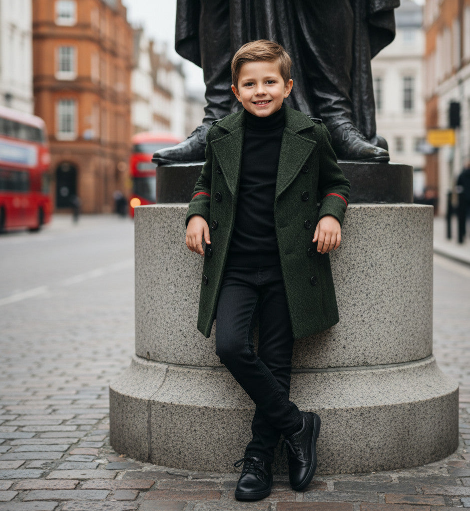 Garçons Noir Smart Casual Cashmere Coat Vert Style militaire Woolen Veste 3-9Y