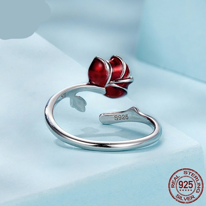 Vintage Rose Rouge Fleur 925 Argent Anneau ouvert réglable