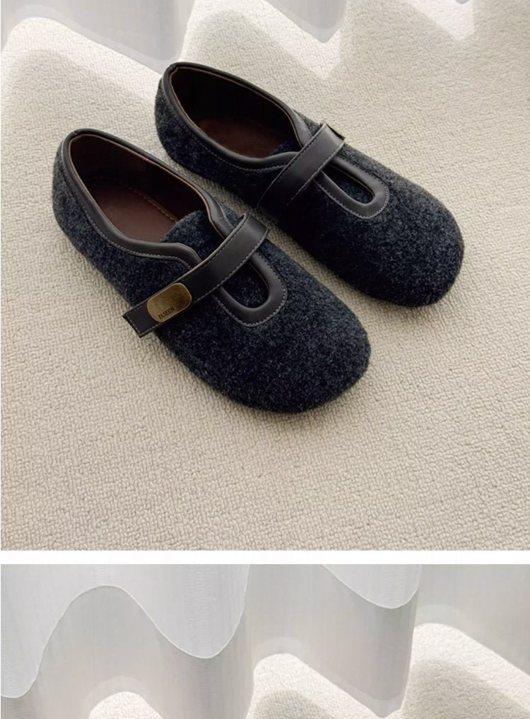 Femmes Automne Round Toe Woolen Retro Velcro Ballet Flats
