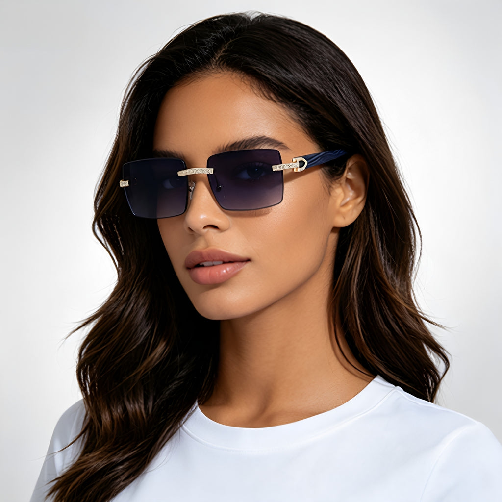 Lunettes de soleil homme sans cadre rétro avec bras de temple en bois incrusté de diamant