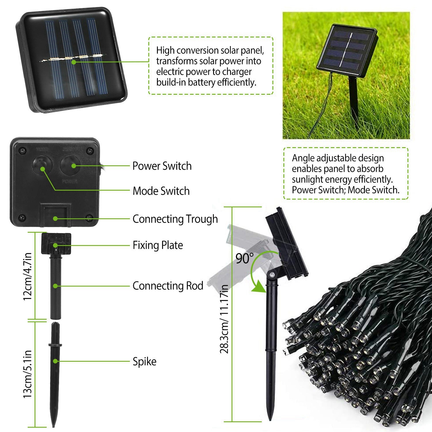 1Pc Solar String Lights LED Solar Power Fairy String Light 12M 8 Mode d'éclairage Cool Light