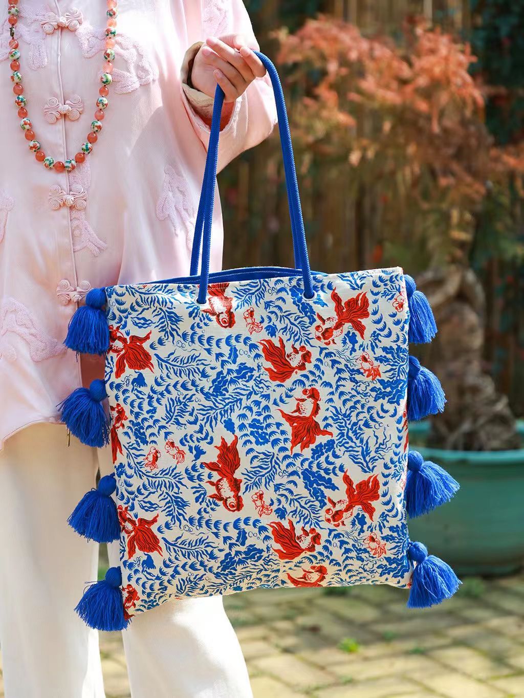 Sac en toile de tassel contrast-colore style chinois