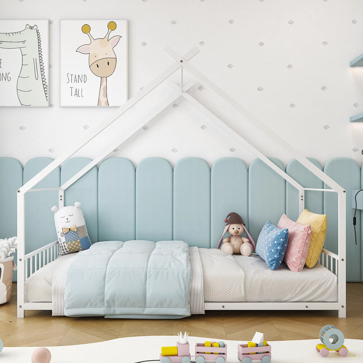 Maison de lit plat blanc en forme avec garde-corps latéraux Lit de fer pour enfants jumeaux