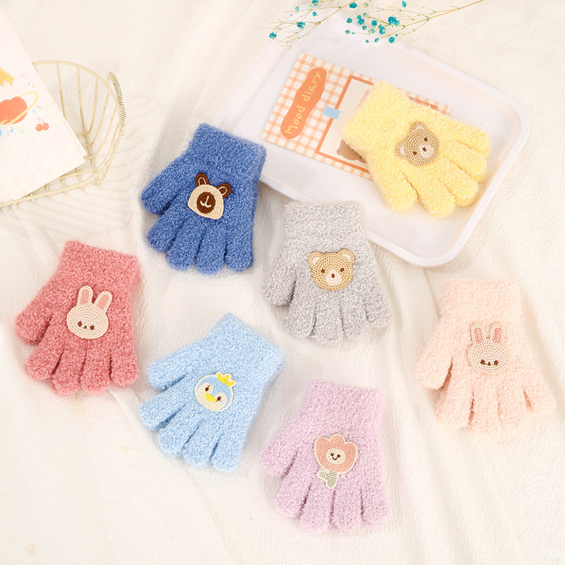 Gants pour enfants Automne et hiver chaud Fleece à l'épreuve du froid Cute Cartoon ours cinq doigts