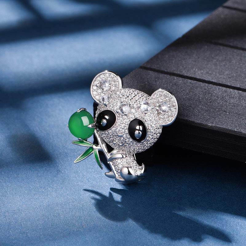 S925 Argent Sterling Panda Brooch 5g 8x6mm Vert ovale Chalcédoine Pave Strass Platinum