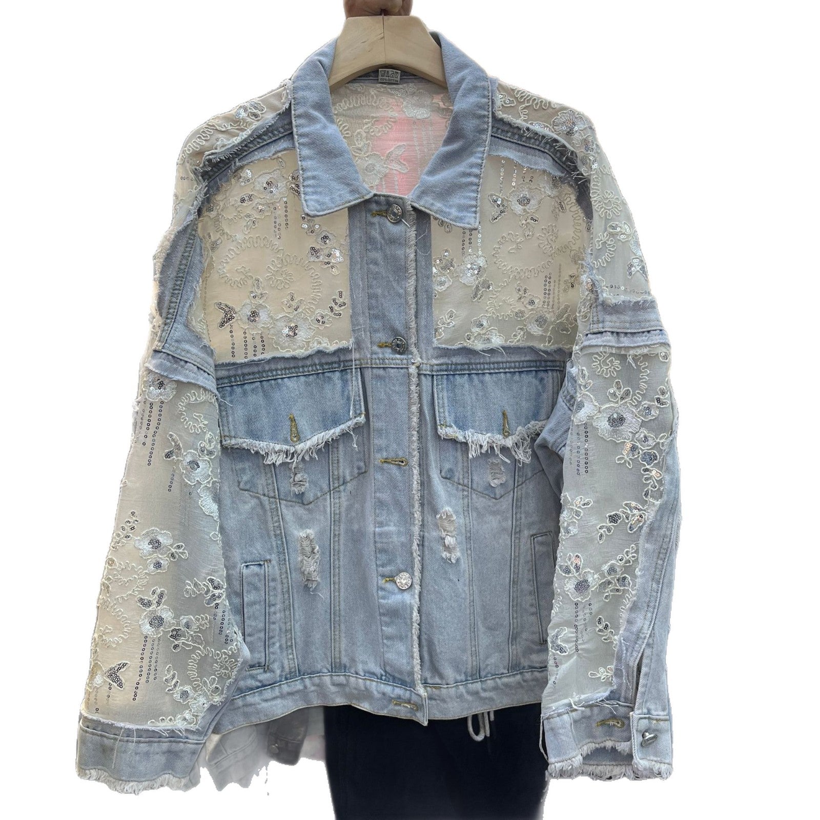 Veste de denim pour femmes brodée en mailles de couleur pailletée