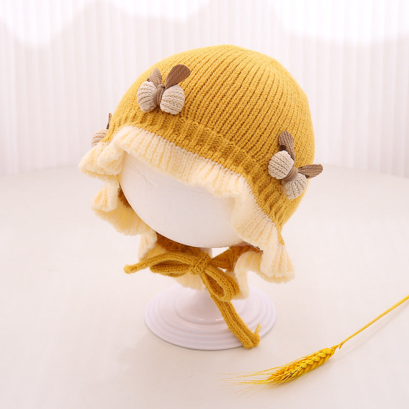 Automne et hiver Chapeau tricoté Mignon princesse fleur Bonnet bébé fille chaude Dentelle haut laine bras