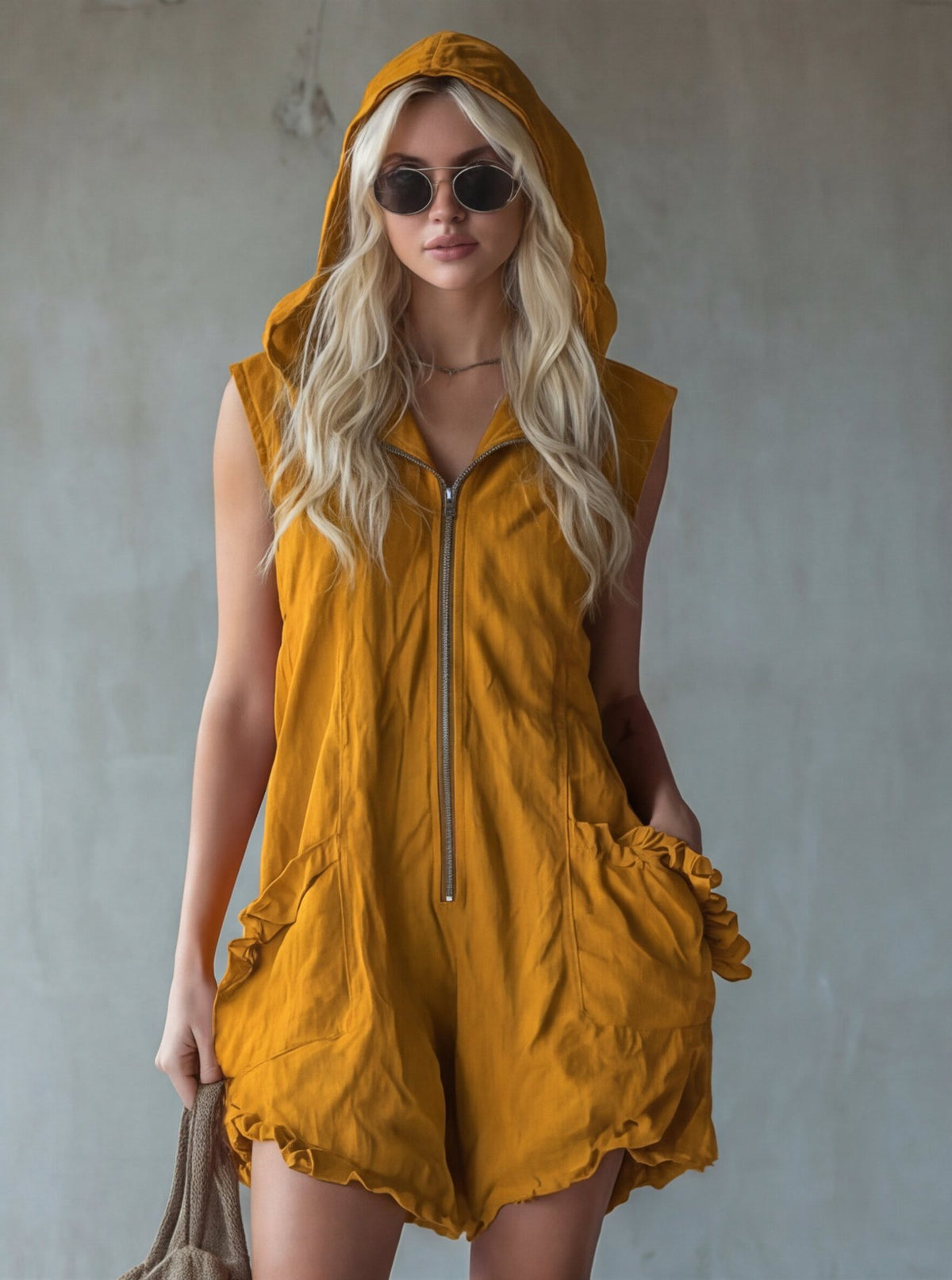Style vintage Zip-up à capuche sans manches Linge de maison