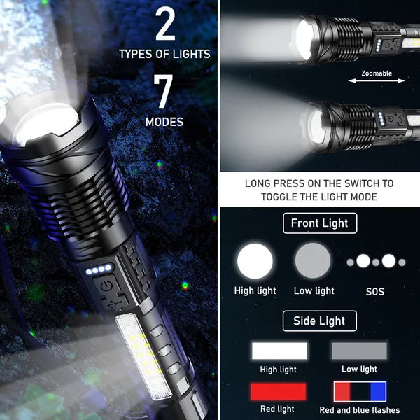 1/2 X Super Bright Flashlight Torch - LED Tactical Flashlight - Zoom - Waterproof