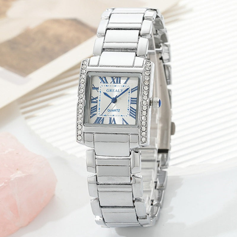 Montre femme à la mode Chronographe rectangulaire avec chiffres romains et des Accents de diamant