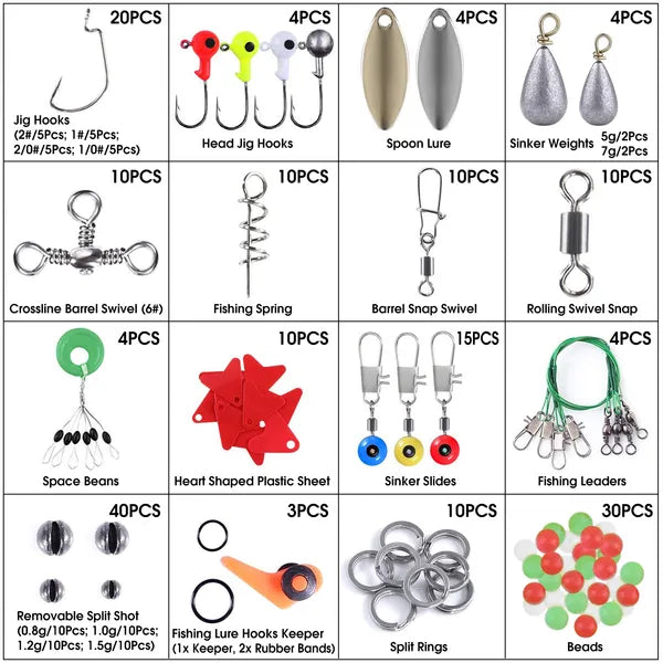 188Pcs Kit d'accessoire de pêche Ensemble de pêche portative incluant les crochets de jig poids d'évier