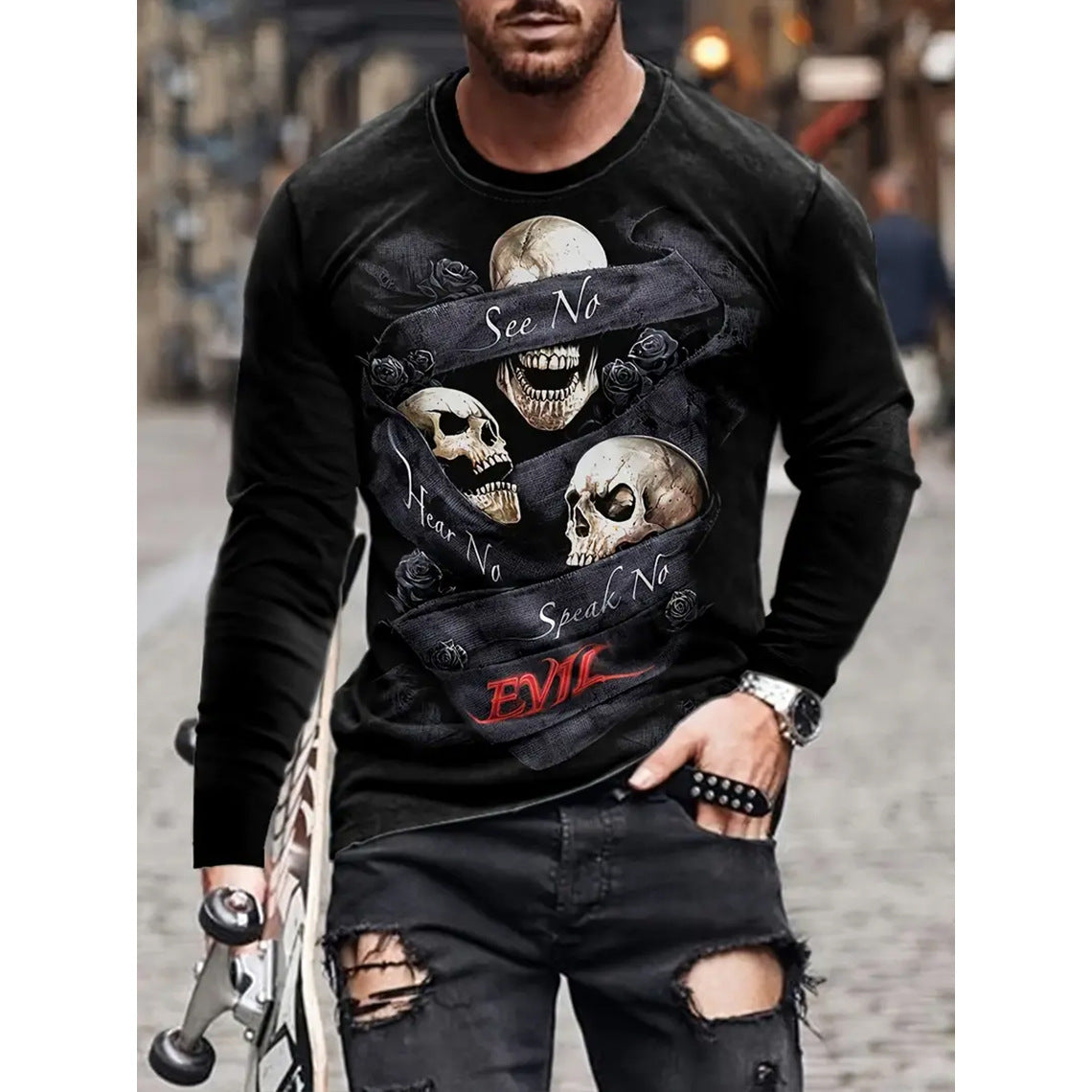 T-shirt retro homme 3D Imprimé Street Hip-hop Col rond Col rond Manches longues