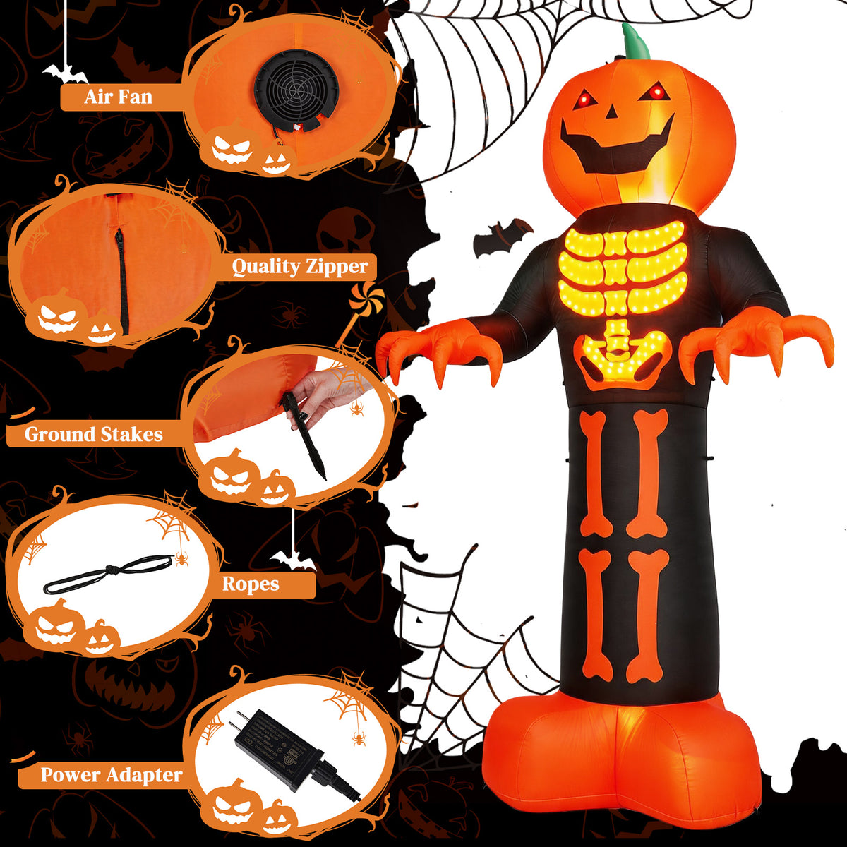 12ft Décor gonflable d'Halloween avec côtes de squelette