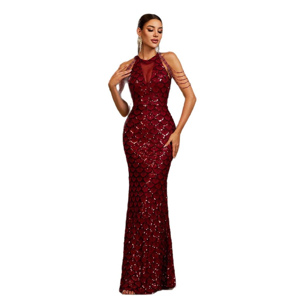 Élégant Col rond sans manches Paillettes minces Banquet de gaine Robe de queue de poisson