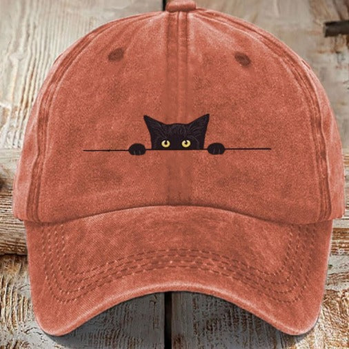 Chapeau en coton lavé imprimé chat avec une finition difficile