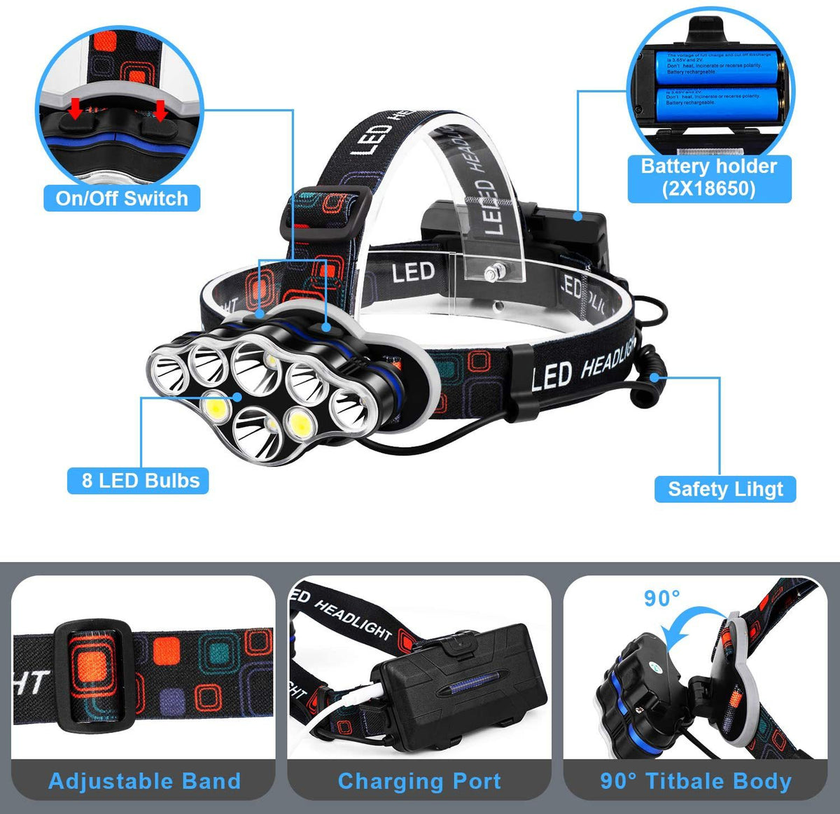 Charge USB 8LED forte lumière T6 phare extérieur multifonction Camping nuit pêche