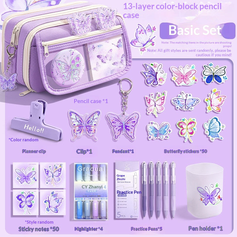 Ensemble de boîtier en crayon violet papillon de grande capacité