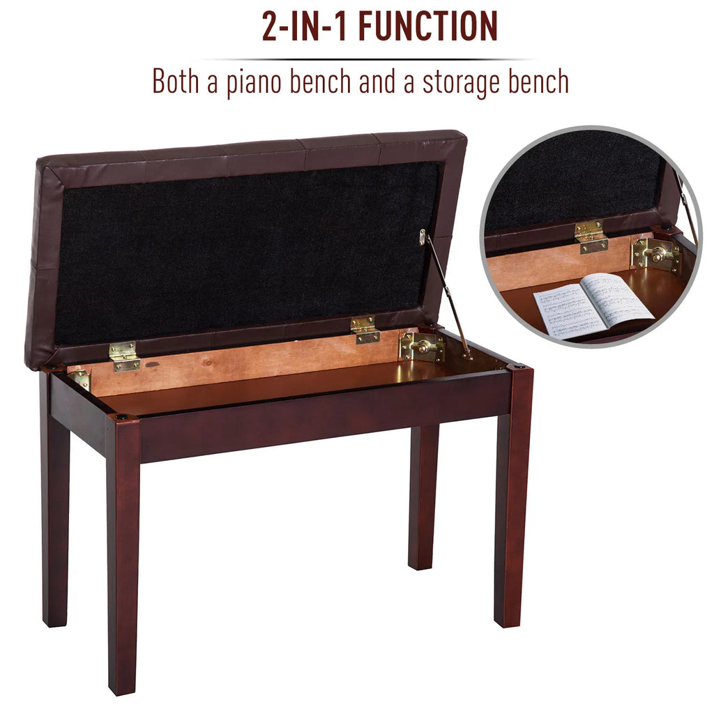 Banc de piano en cuir rembourré faux double / duo avec stockage de musique - Brown