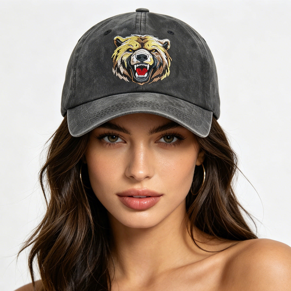 2pcs Grizzly Embroidered Hat - Men's Washed Cotton Baseball Cap