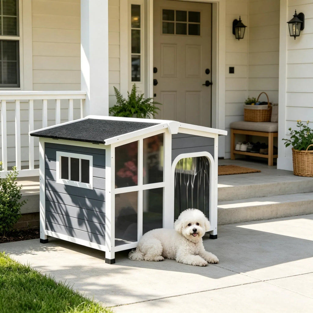 Grand abri pour animaux de compagnie en bois de style chalet avec toit ouvrant et fenêtre géante gris