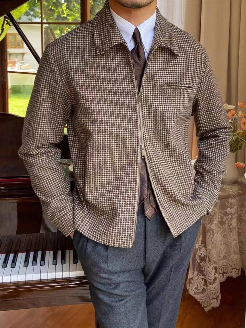 Retro Zipped Houndstooth Casual Coat Retro Lapel Casual Warm Jack à la main