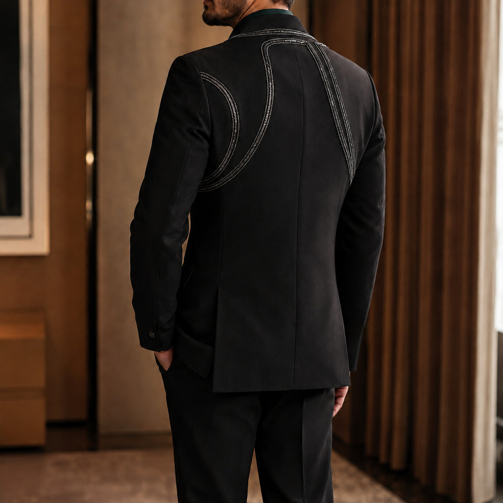 Homme Black Peak Lapel Chaîne Détail 2 pièces Ensemble de pantalons Gurkha