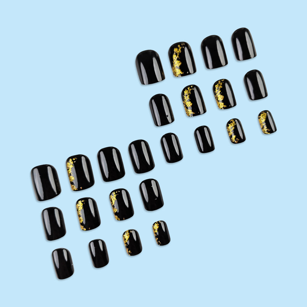 Stickers 24 Pièces de Nail Acrylique Carré Court - Black False Nails avec Foil Or et Gli