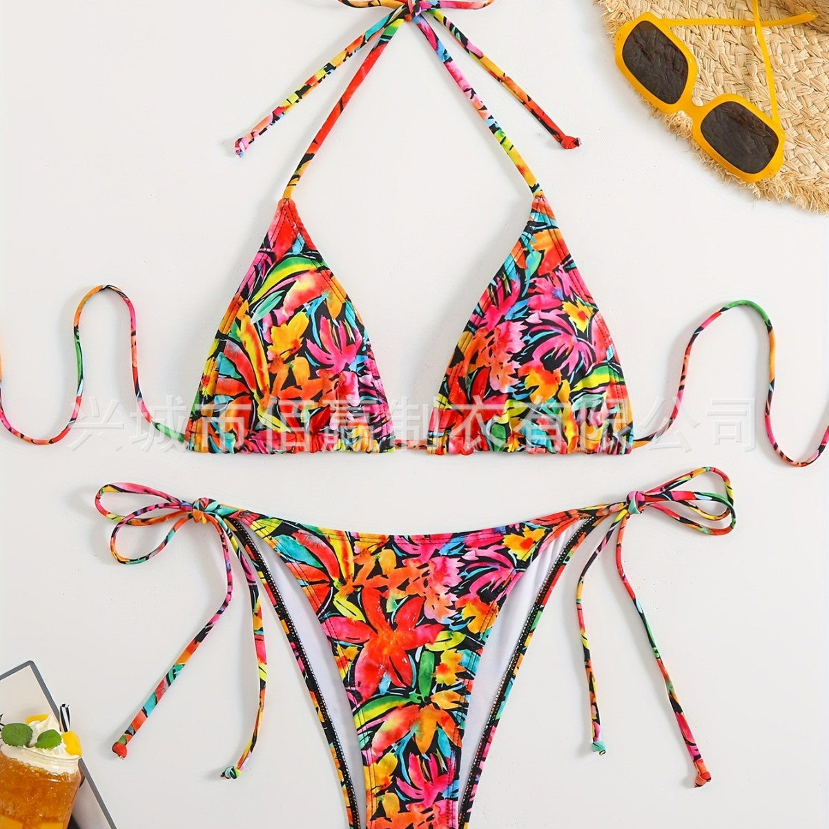 Femme Floral Imprimer Halter-Neck Dentelle-Up Sexy Bikini