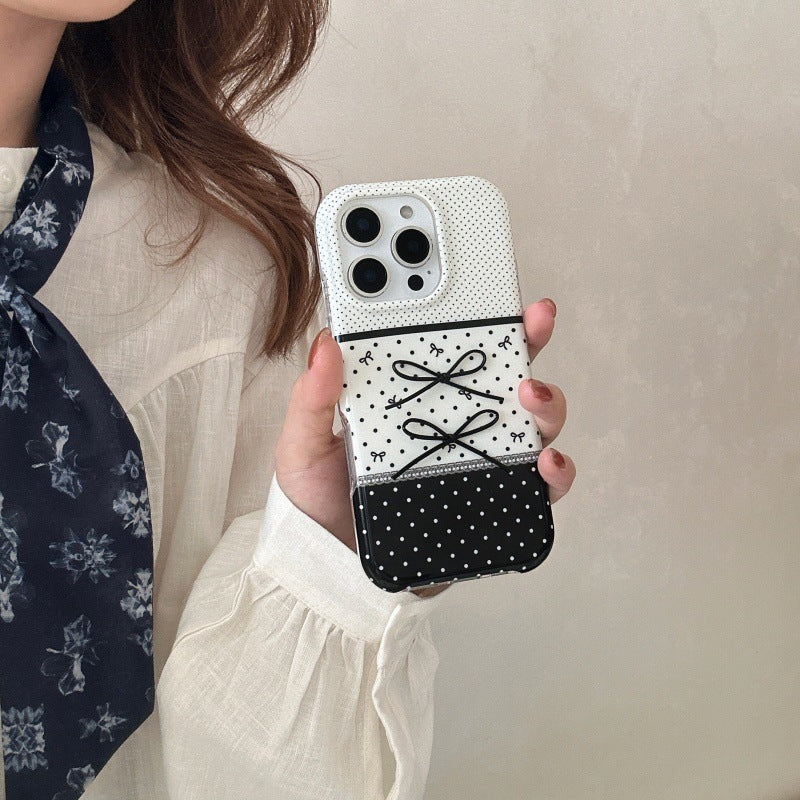 Noir et blanc Polka Dot pointant Stereo Bow cas téléphone