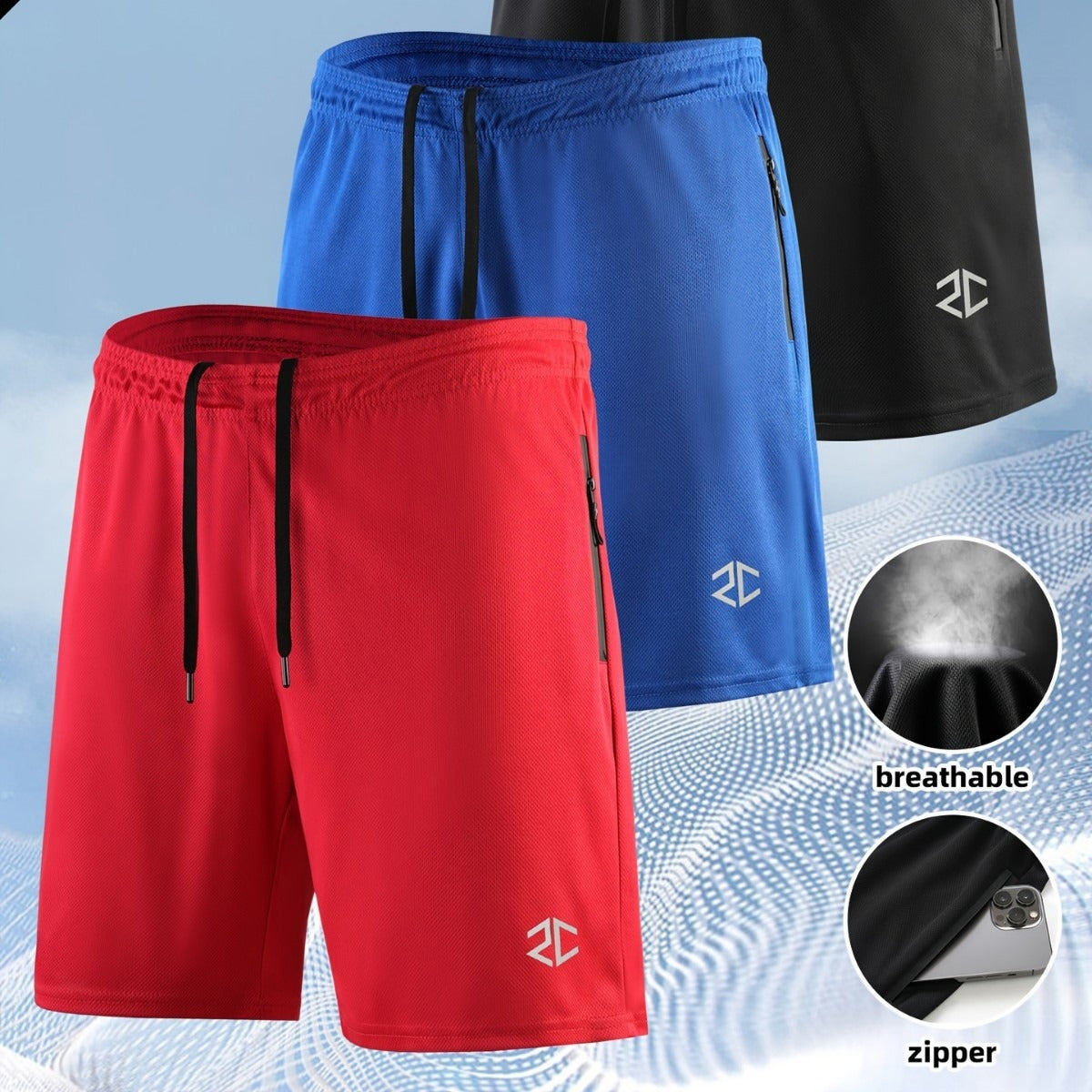 Short homme Mode Casual Séchage rapide Entraînement extérieur Poche à fermeture éclair à cinq points